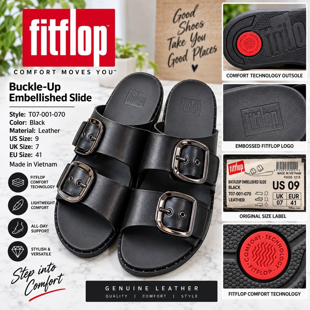 FitFlop Buckle-Up Embellished Slide Black Leather Sandals T07-001-070 US 9